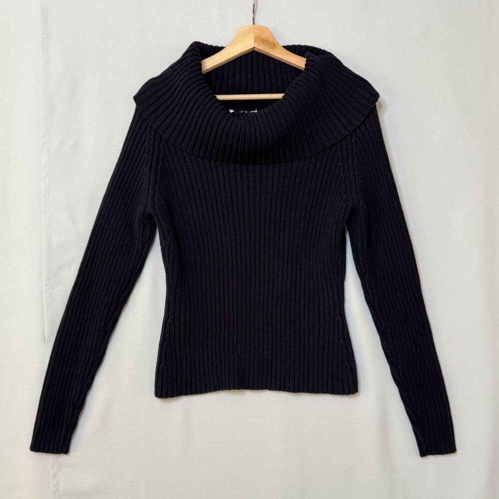 90s Vintage Casual Corner Made in Japan Black Rib Knit Cowl Neck Sweater Large